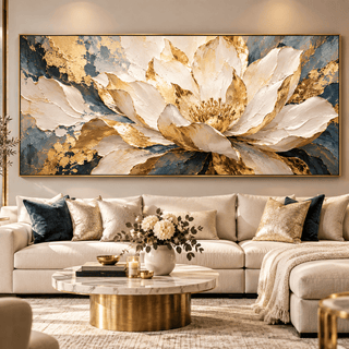Luxury White and Gold Flower Wall Art – Oversized Navy Blue Textured Look Canvas for Living Room
