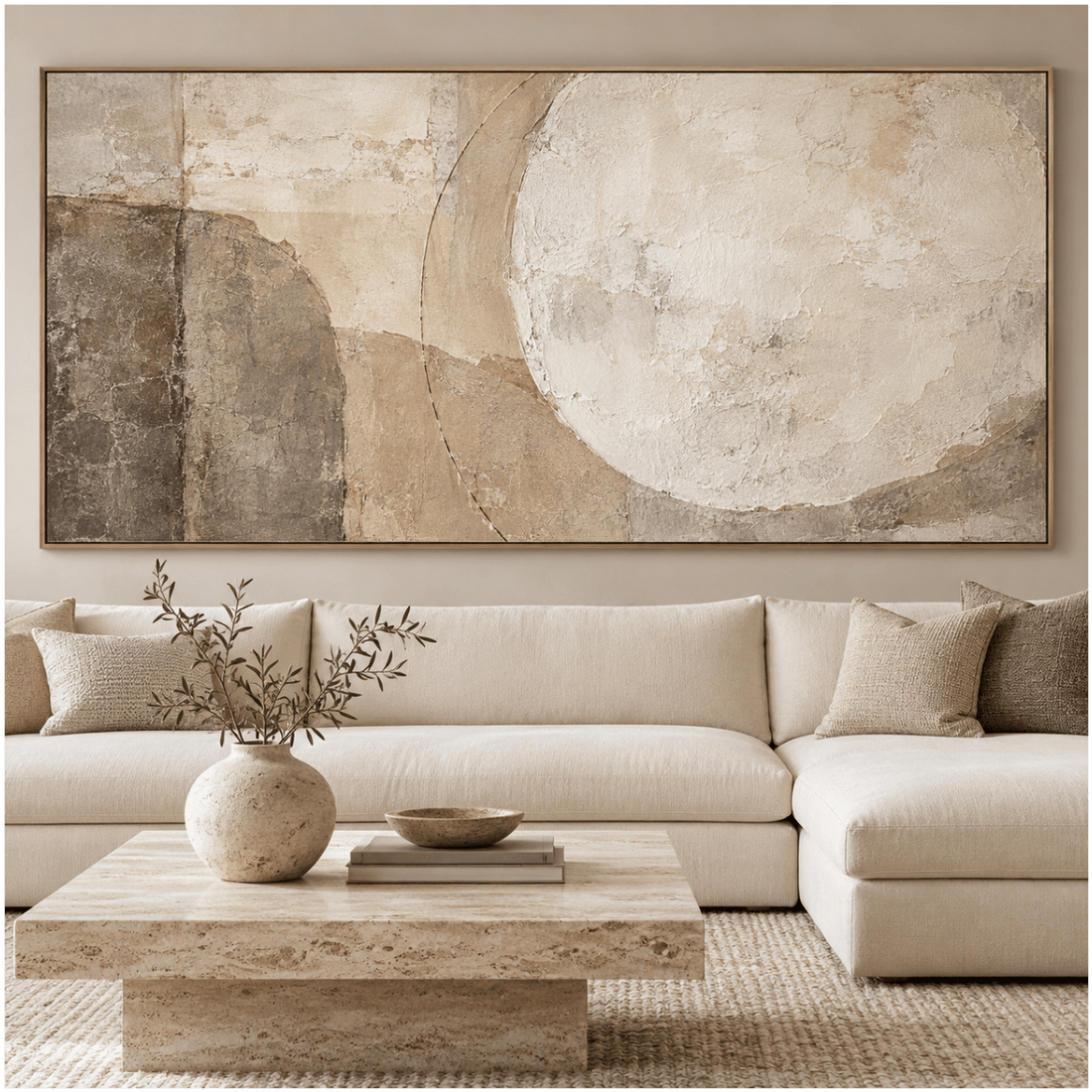 Wabi sabi wall art in beige and taupe above a cream sectional in a neutral living room