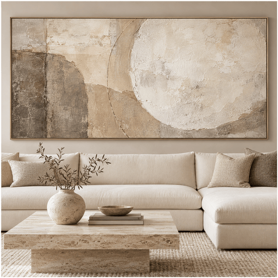 Wabi-Sabi Wall Art – Oversized Beige and Taupe Minimalist Textured Look Canvas for Living Room