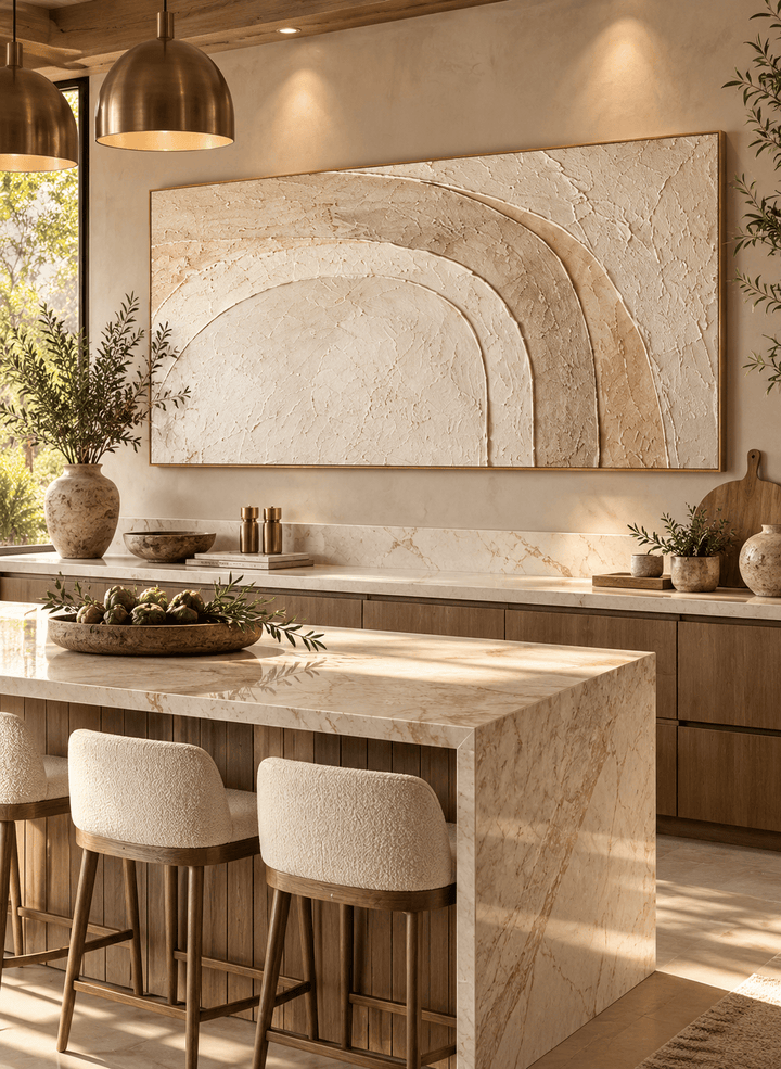 Oversized minimalist arch canvas above a marble kitchen island