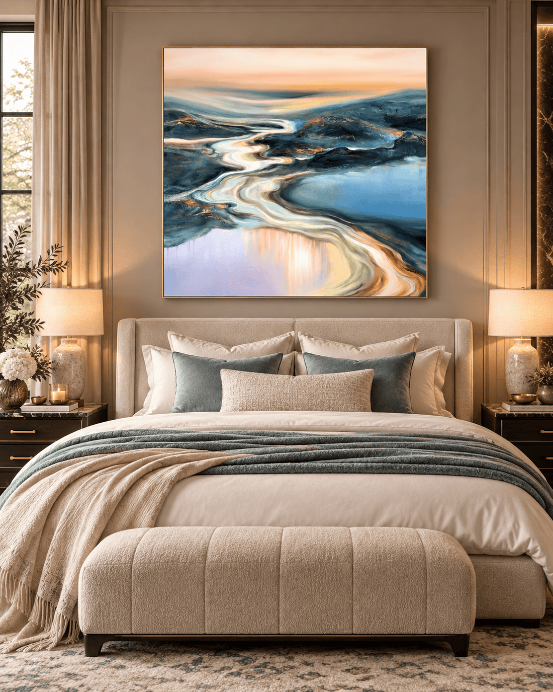 Oversized abstract river sunset canvas above the bed in a neutral bedroom