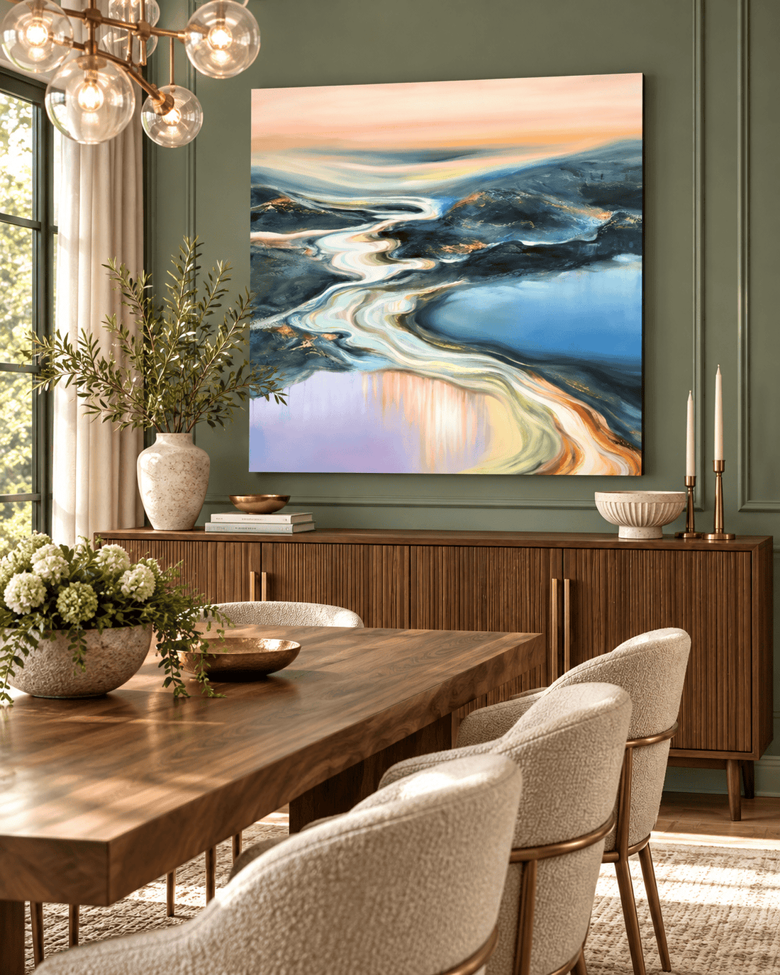 Abstract river wall art on a deep green dining room wall above a walnut sideboard