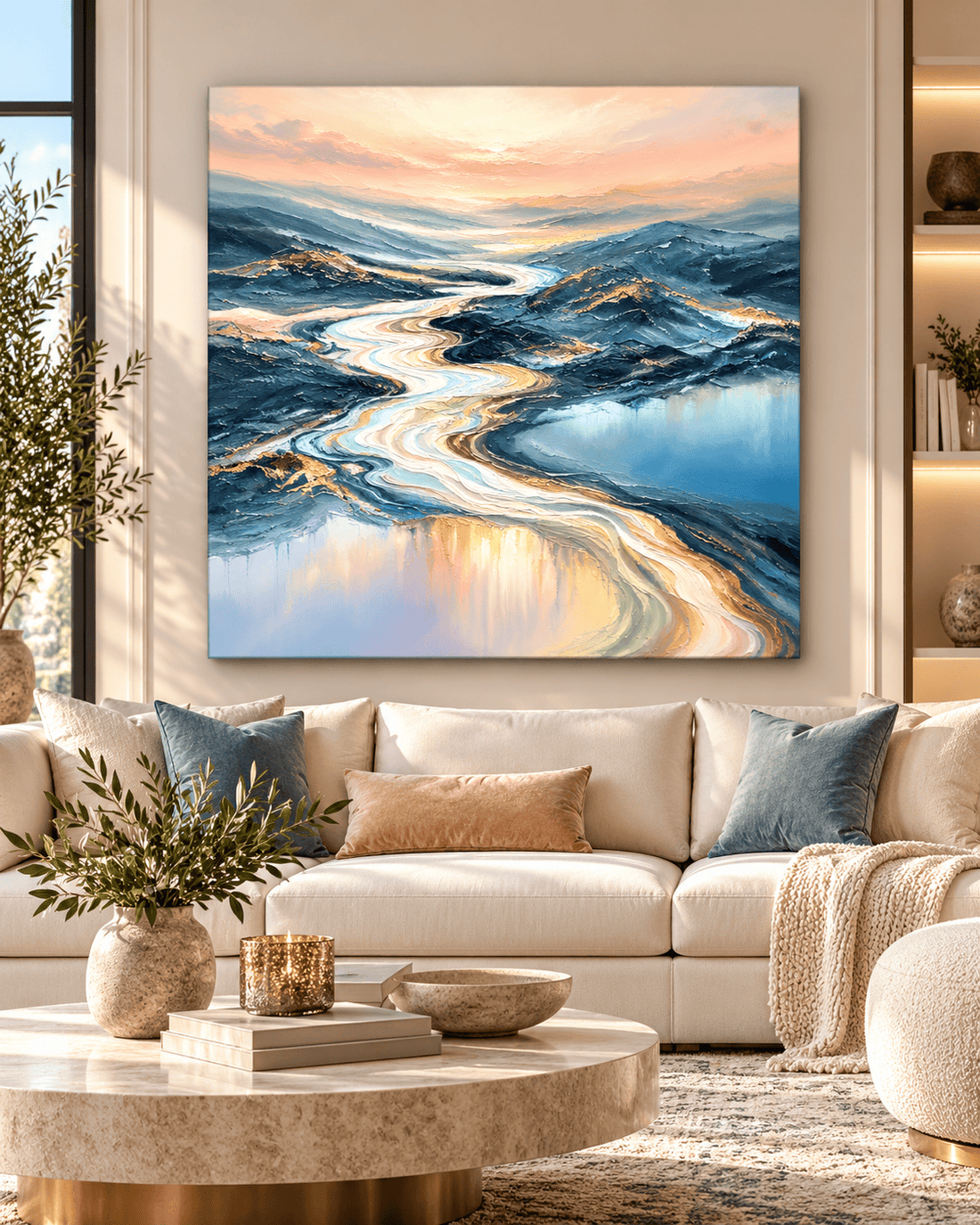 Blue and gold abstract river canvas above a cream sofa in a bright living room