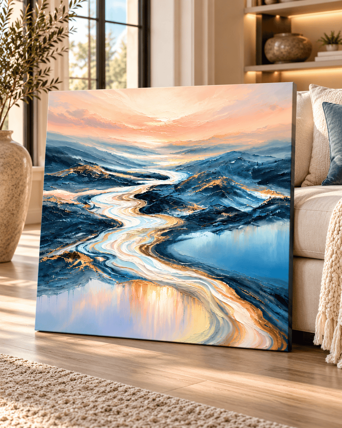 Close up of the gold veining and coral sunset on the abstract river canvas leaned on the floor