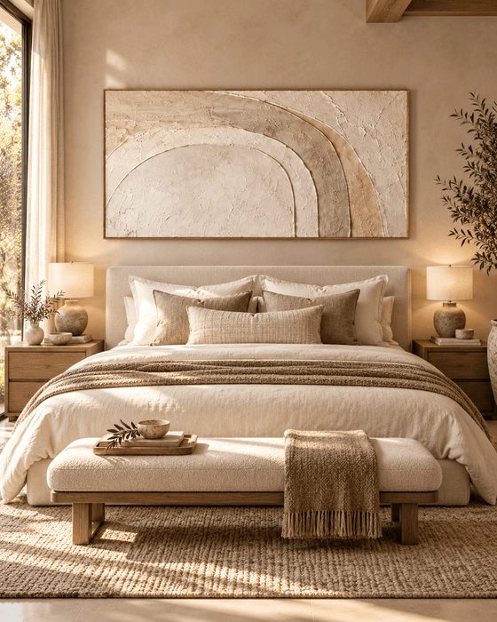Minimalist Arch Wall Art – Oversized Cream and Sand Textured Look Canvas for Bedroom and Living Room