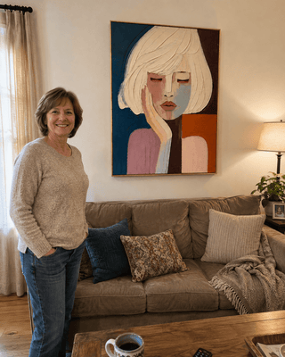 Pamela B. at home with her Quiet Reverie canvas hanging above the sofa