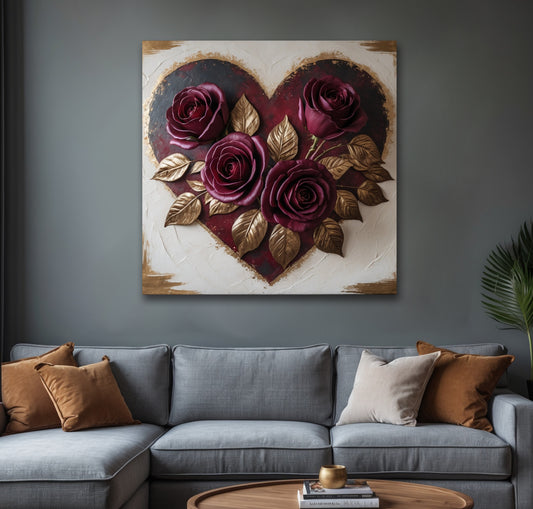 Crimson Rose Heart Canvas Wall Art – Romantic Floral Accent for Modern Interiors
