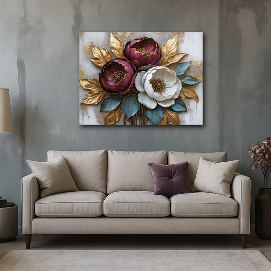 Crimson & Cream Bloom Canvas Print – Luxurious Floral Wall Art with Textured-Look (Flat Canvas)