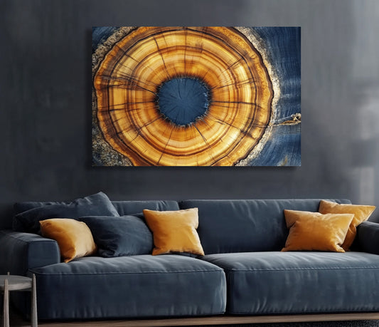 Deep Blue and Amber Tree Ring Wall Art Canvas