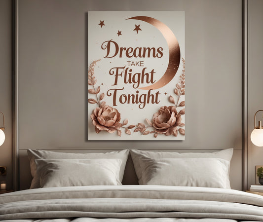 Dreams Take Flight Tonight Floral Crescent Moon Canvas Wall Art