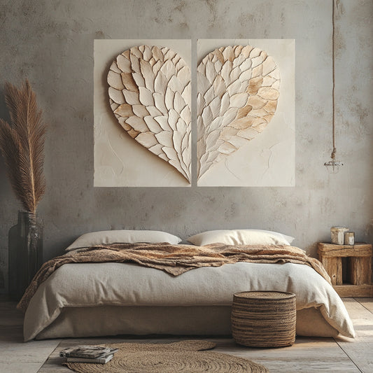 Elegant Angel Heart Wings Wall Art – Neutral Toned Canvas for Bedroom & Living Room