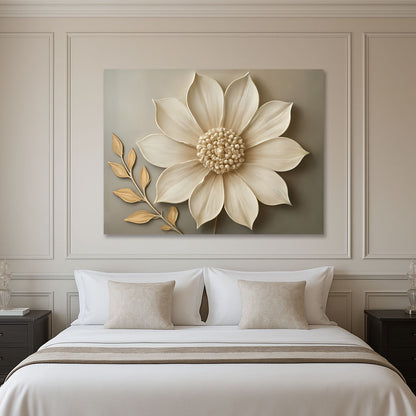 Elegant Beige Floral Wall Art – Botanical Canvas Print with Golden Leaves