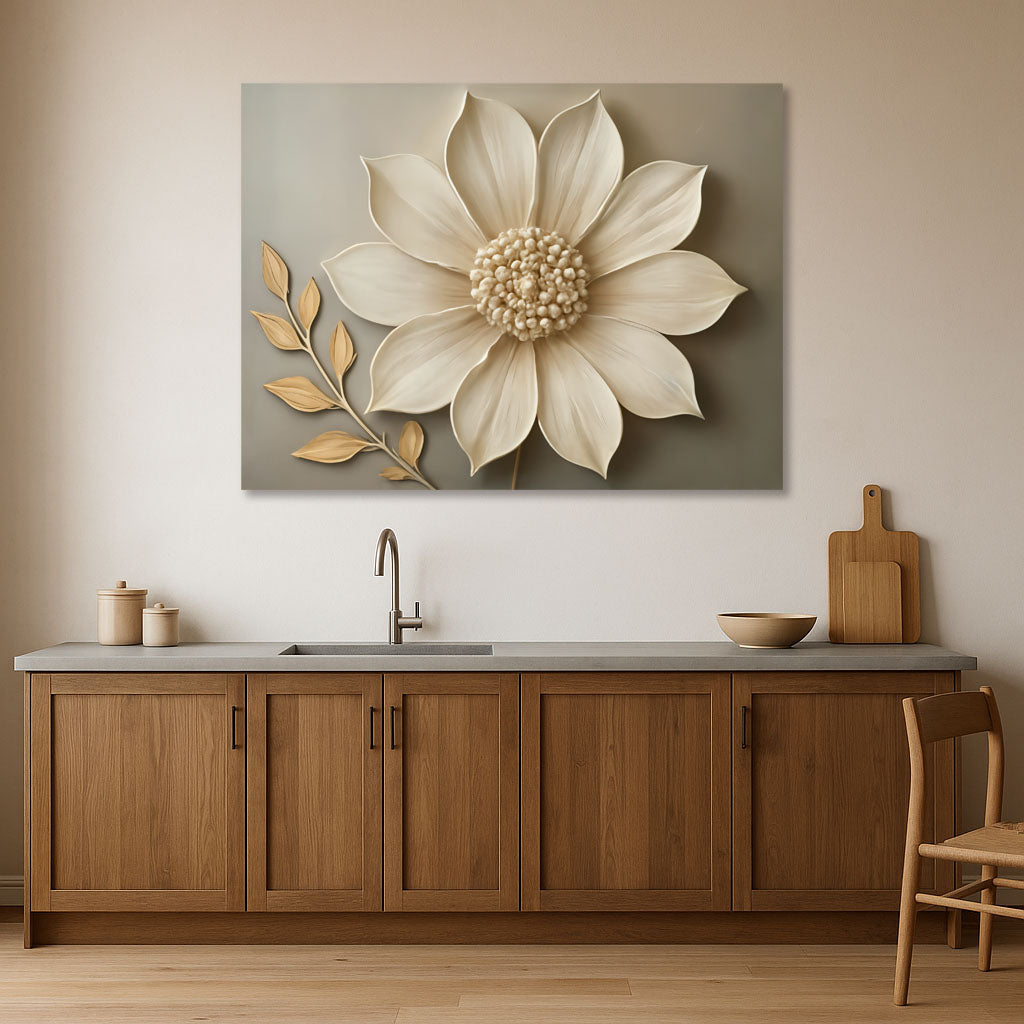 Elegant Beige Floral Wall Art – Botanical Canvas Print with Golden Leaves