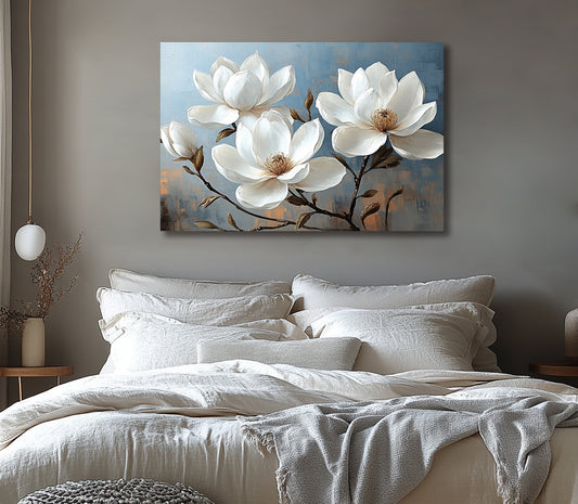 Elegant Magnolia Blossom Wall Art – Tranquil White Floral Canvas for Modern Homes