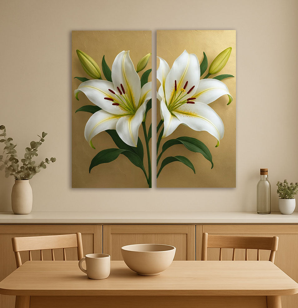 Elegant White Lily Wall Art Set – 2 Panel Botanical Canvas Print on Gold Background