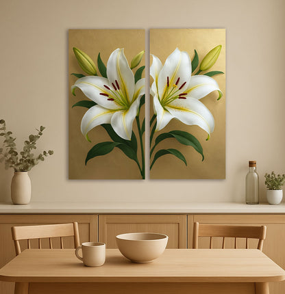 Elegant White Lily Wall Art Set – 2 Panel Botanical Canvas Print on Gold Background