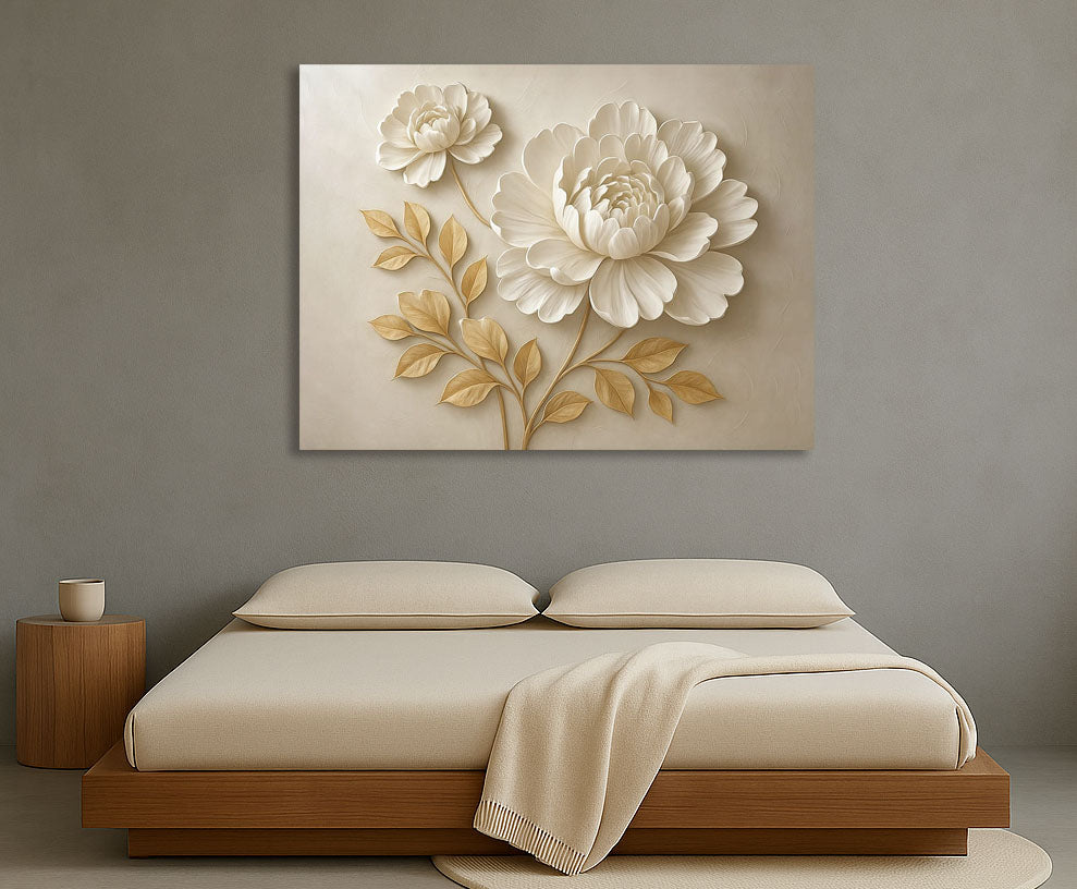 Elegant Beige Floral Wall Art – Large Botanical Canvas Print with Golden Leaves