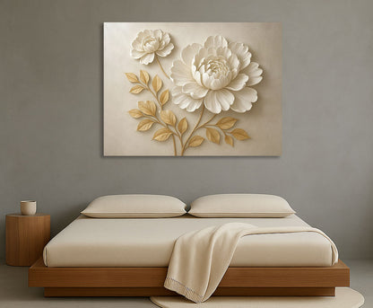 Elegant Beige Floral Wall Art – Large Botanical Canvas Print with Golden Leaves