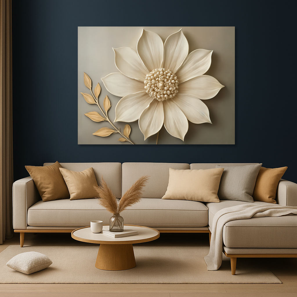 Elegant Beige Floral Wall Art – Botanical Canvas Print with Golden Leaves