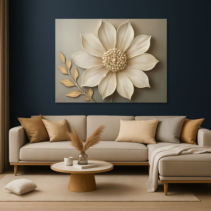 Elegant Beige Floral Wall Art – Botanical Canvas Print with Golden Leaves