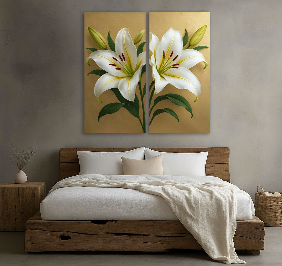 Elegant White Lily Wall Art Set – 2 Panel Botanical Canvas Print on Gold Background