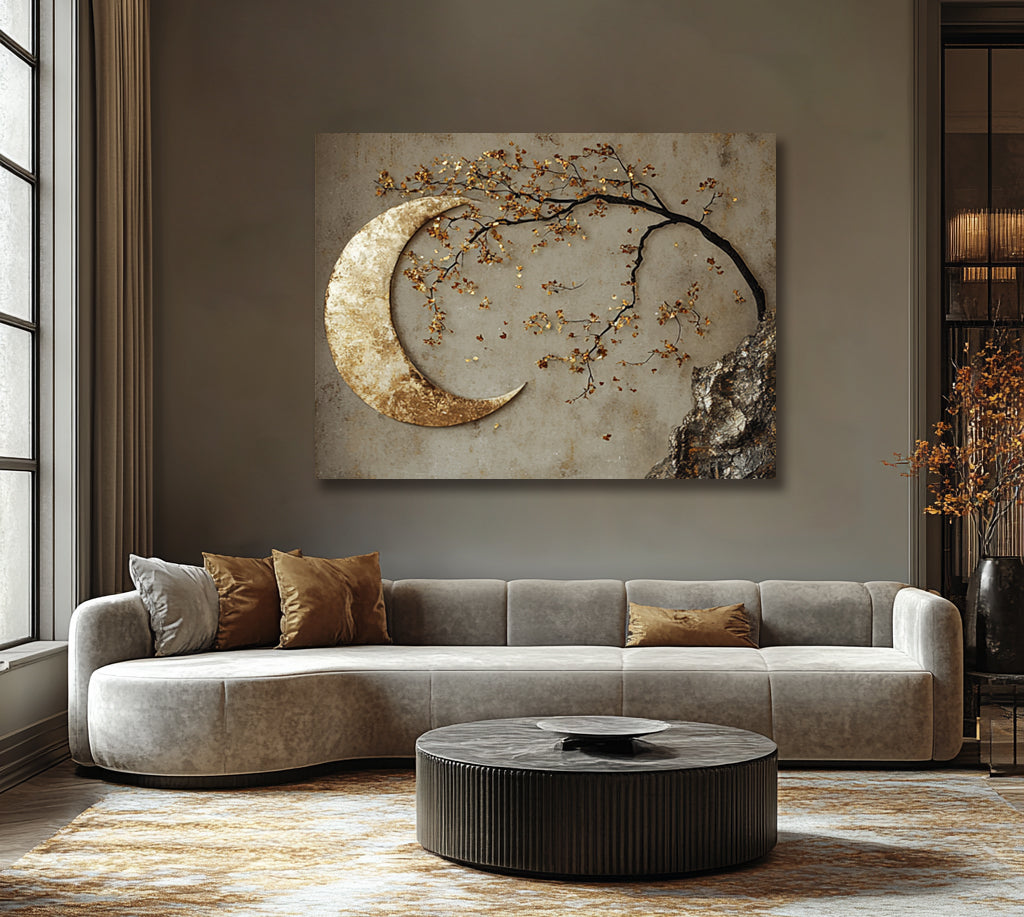 Enchanted Moonrise Wall Art – Crescent Moon and Blossoming Branch Canvas