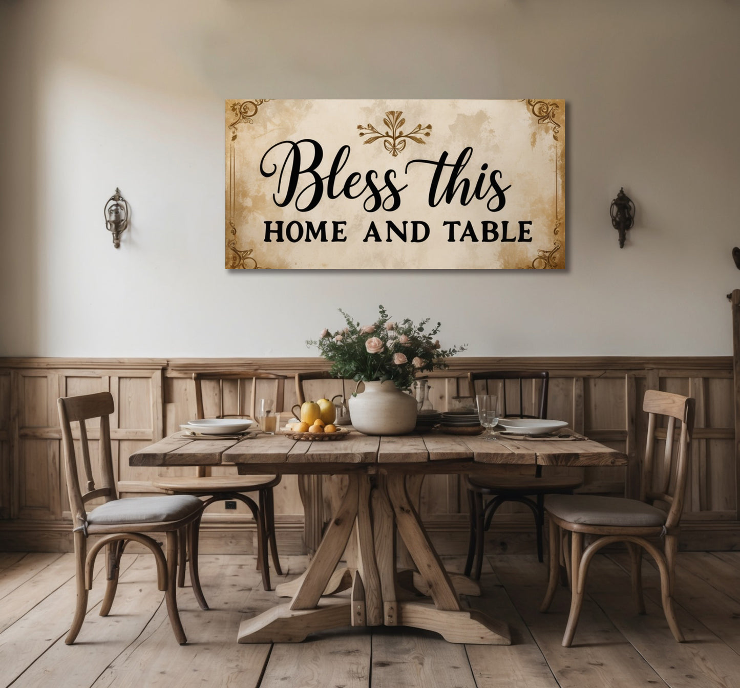 Faithful Gathering Wall Art – Vintage Blessing Canvas for Kitchen & Dining Room