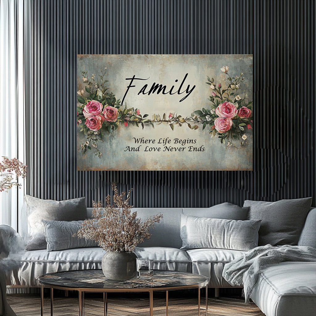 Family Where Life Begins & Love Never Ends V17 - Romantic Floral Wall Art Canvas