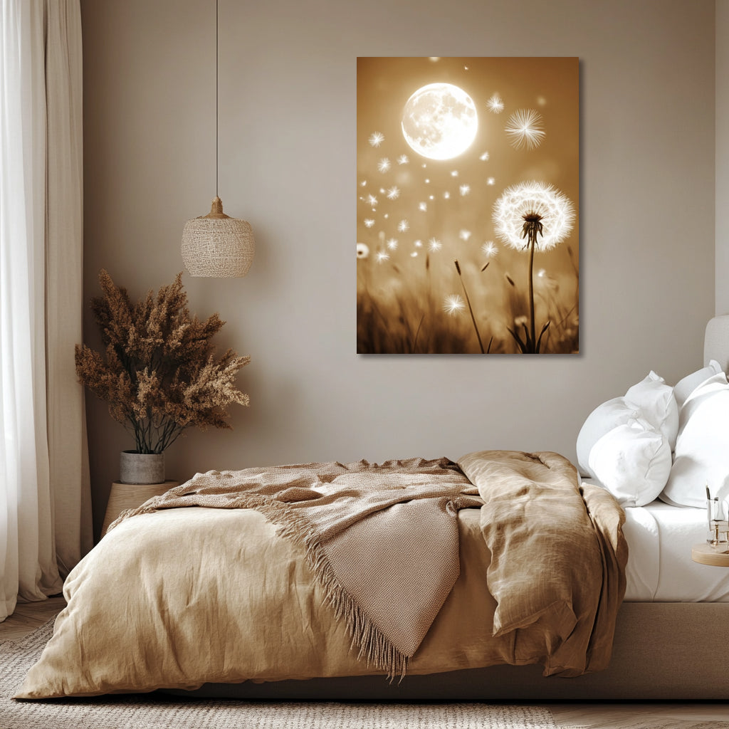 Floating Dandelion and Moon Canvas Wall Art – Dreamy Boho Bedroom Decor