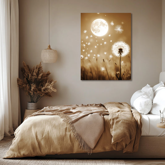 Floating Dandelion and Moon Canvas Wall Art – Dreamy Boho Bedroom Decor