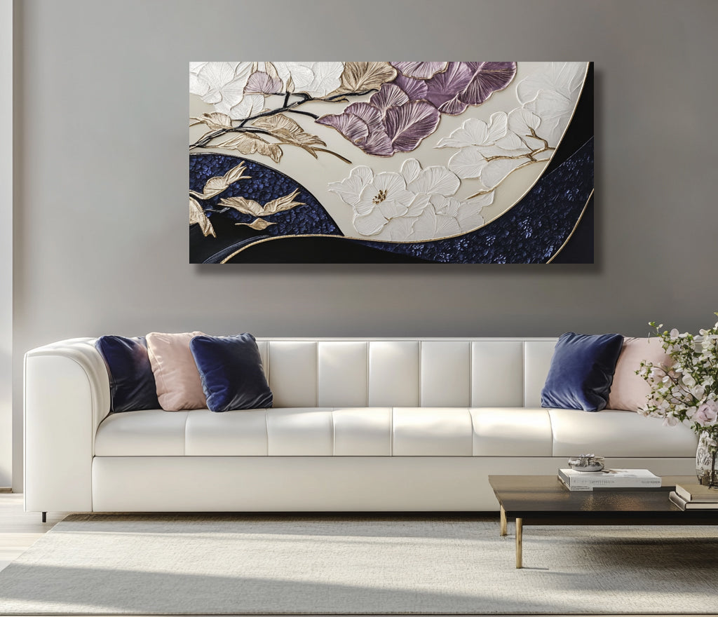 Floral Elegance Canvas Wall Art – Gold & Indigo Blossoms