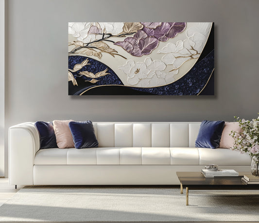 Floral Elegance Canvas Wall Art – Gold & Indigo Blossoms