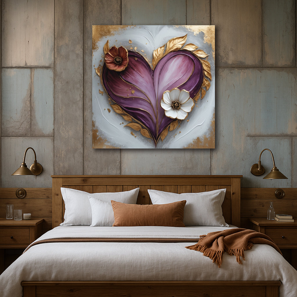 Radiant Love Bloom Canvas Print – Purple & Gold Romantic Wall Art with Sculpted-Look (Flat Canvas)