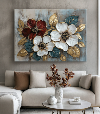 Floral Bloom Wall Art – Elegant Red and White Flower Canvas with Gold Leaves