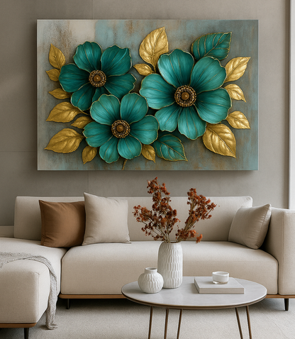 Floral Bloom Wall Art – Elegant Red and White Flower Canvas with Gold Leaves