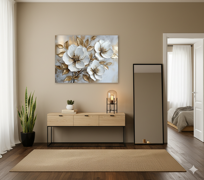 White Blossom Wall Art – Modern Floral Canvas with Elegant Gold Accents