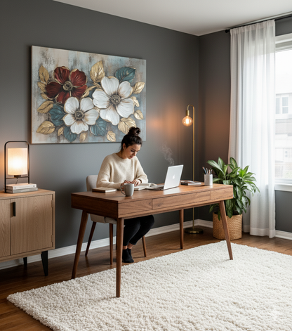 Floral Bloom Wall Art – Elegant Red and White Flower Canvas with Gold Leaves