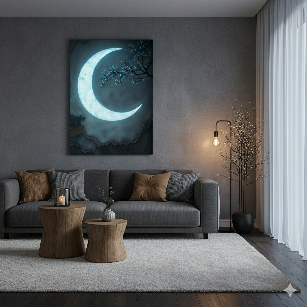 Luxury Crescent Moon Canvas Wall Decor – Illuminated Gold and Grey Artwork