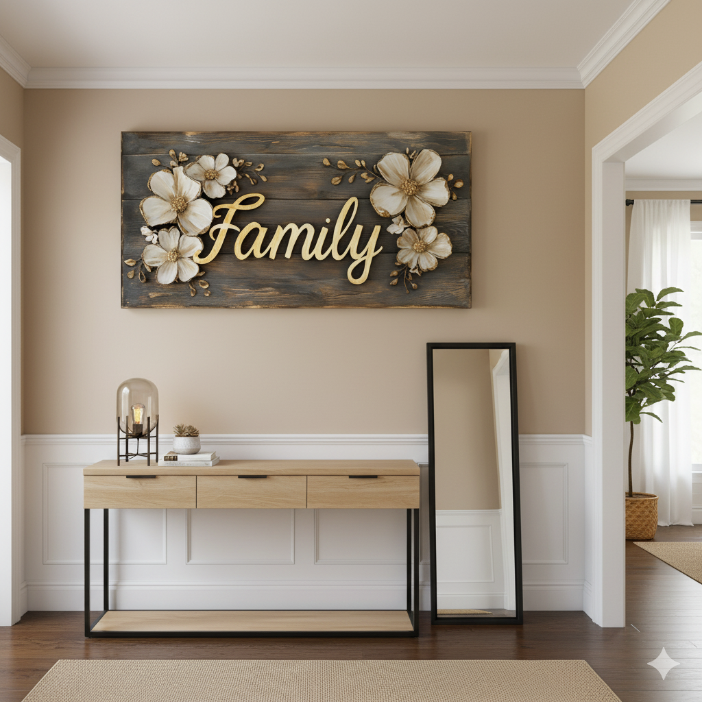 Rustic Family Canvas – Farmhouse Style Wall Decor with Floral Accents
