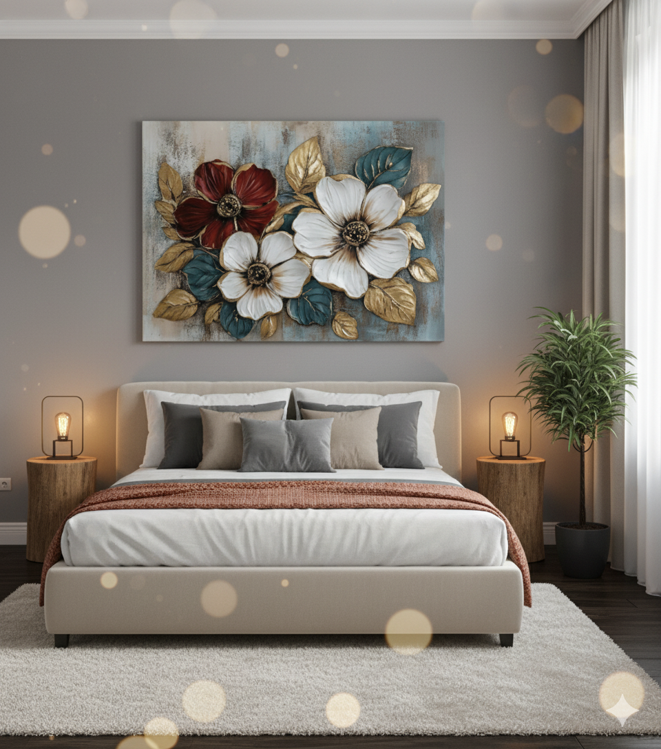 Floral Bloom Wall Art – Elegant Red and White Flower Canvas with Gold Leaves