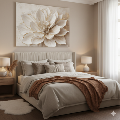 Luxury Flower Wall Art – Oversized Neutral Canvas with Beige and Gold Petals