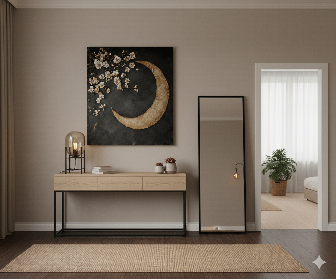 Crescent Moon Wall Art – Elegant Floral Canvas for Bedroom and Living Room Decor