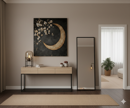 Crescent Moon Wall Art – Elegant Floral Canvas for Bedroom and Living Room Decor