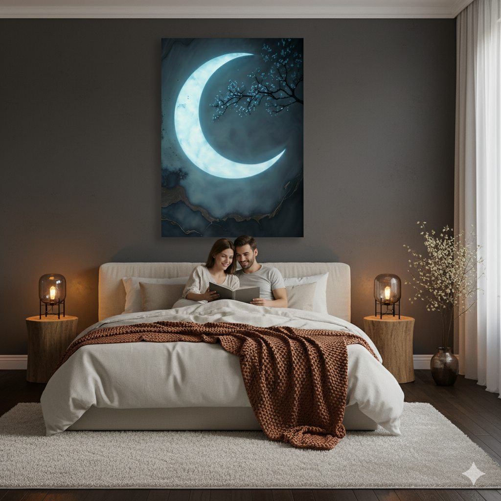 Luxury Crescent Moon Canvas Wall Decor – Illuminated Gold and Grey Artwork