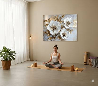 White Blossom Wall Art – Modern Floral Canvas with Elegant Gold Accents