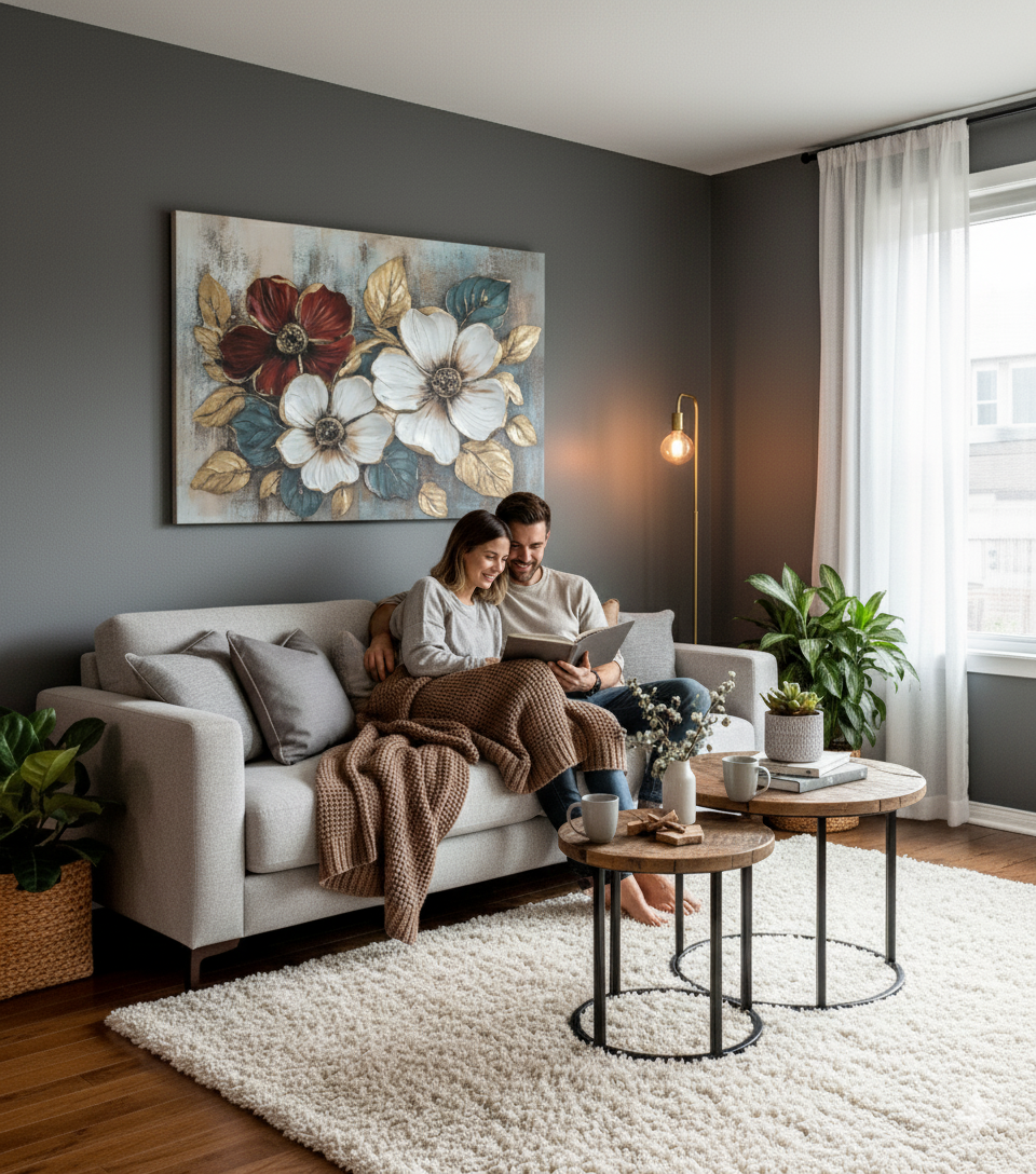 Floral Bloom Wall Art – Elegant Red and White Flower Canvas with Gold Leaves