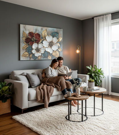 Floral Bloom Wall Art – Elegant Red and White Flower Canvas with Gold Leaves