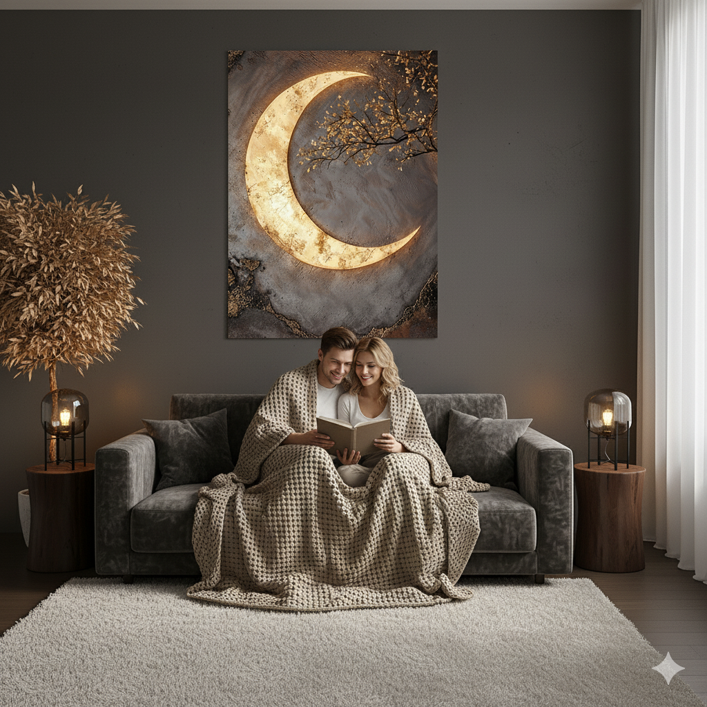 Luxury Crescent Moon Canvas Wall Decor – Illuminated Gold and Grey Artwork