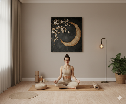 Crescent Moon Wall Art – Elegant Floral Canvas for Bedroom and Living Room Decor