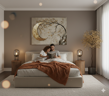 Enchanted Moonrise Wall Art – Crescent Moon and Blossoming Branch Canvas